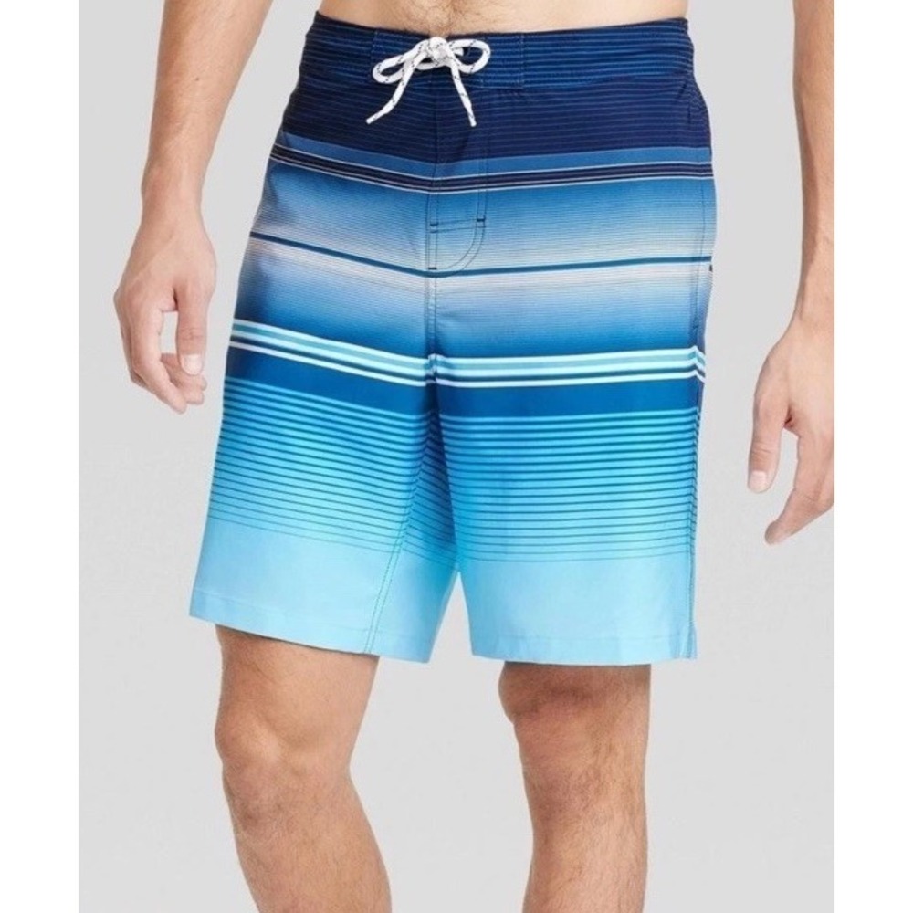 Men's 9" Striped Board Swim Shorts Goodfellow & Co Navy Blue Mesh Liner Size L
